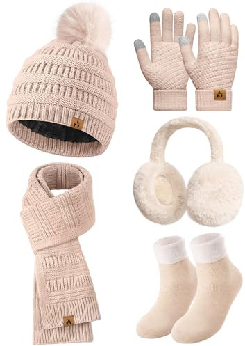 Svanco Mütze, Schal & Handschuh-sets Für Damen, Bommelmütze Winter+Schal Kuschelig+Handschuhe Touchscreen+Winddichte Ohrenschützer+Strick Socken