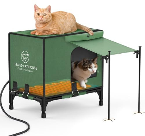 Pawaboo Erhöhter Boden Beheiztes Katzenhaus für Katzen Outdoor, Wasserdicht Isoliert Katzenhaus für Winter im Freien mit Heizkissen, Warm Winddicht Wetterfest Katzenhütte für Kätzchen Wildkatze, M