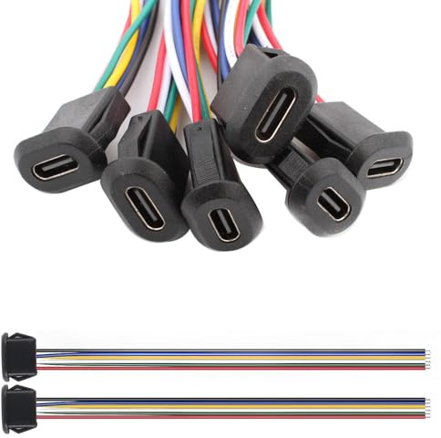 VISSQH 6 Stück USB Typ-C-Buchse mit Schnappnut Schnalle,3A 6 Polige USB C stecker löten,6-Draht USB C Einbaubuchse,24AWG USB C Female Kabel, USB C Buchse für Panelmontage