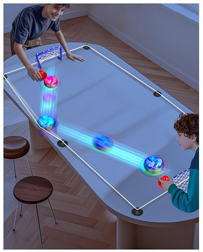 Verstellbares Tabletop Air Hockey Spiel - Batteriefreier Spaß mit flexiblen Grenzen! Hover Puck Set mit 2 Drücken, 2 Mini Toren & elastischen Seilen - Indoor/Outdoor Hockey Spielzeug für Kinder