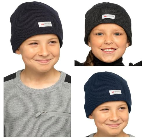 A2Z 4 Kids Pack of 3 Girls Boys Hat Thinsulate Knitted Beanie Fleece Lined Thermal Caps Stretchy Durable Stylish Warm Winter Cozy Comfortable Hats Age 3-8 Years