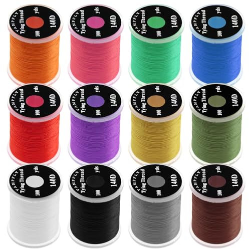 yeeplant Set di 12 fili 140D per la costruzione di mosche, non cerati, materiali ideali per esche da pesca a mosca, adatti per bobine e ami 6#-10#