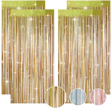 4 Stück Lametta Vorhang Gold, Glitzervorhang Lametta Luftschlangen Gold, Curtain Lametta Gold Deko, Goldene Hochzeit Deko Glitzer Deko für Party Deko Geburtstag Neujahr(1m x 2m)