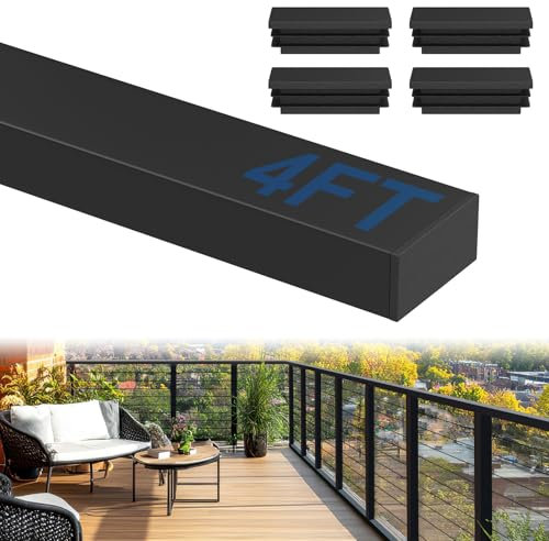 RailinGo Barandilla rectangular de 4 pies, pasamanos de acero inoxidable negro con tapas de extremo de nailon para sistema de barandilla de cable de escalera, pasamanos de poste de cable de cubierta