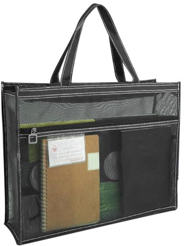 Porte-documents en maille avec fermeture éclair - Porte-documents A3 transparent - Portabilité facile - Porte-documents zippé avec poignée - Sac de rangement pour documents avec fermeture éclair, Noir