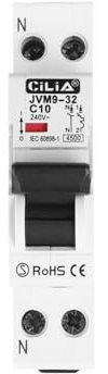 CILIA Interruptor magnetotérmico, DPN 1P+N 220 V de 1 módulo DIN, 4,5 kA 30 mA JVM9-32-1P (JVM9-32-1P-10A)