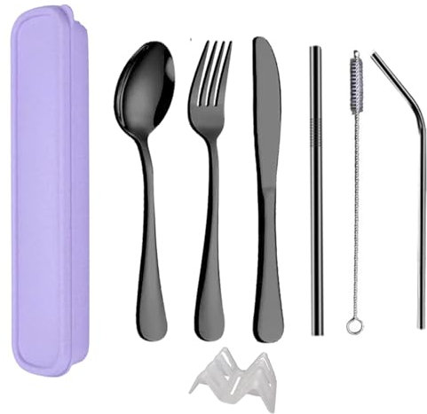 QZLSAYSL Porta Posate Pranzo Ufficio,Set Di Posate Da Viaggio Portatile Con Forchetta Cucchiaio Coltello E Scatola 4 Pezzi Riutilizzabili In Acciaio Inox Per Scuola,Lavoro (viola brillante)
