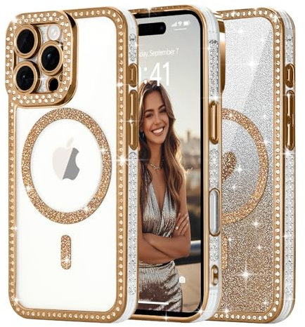 Ethanger for Magnetic Glitter Phone Case for iPhone 16 Pro, Sparkling Rhinestone Border with Removable Glitter Insert Compatible with MagSafe Girly Women Cover for iPhone 16 Pro, Gold