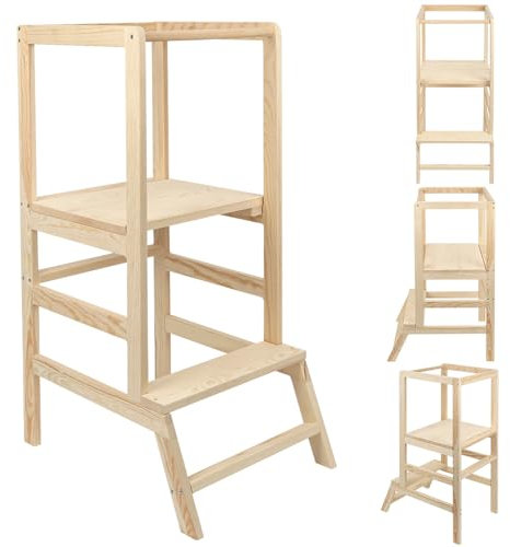 Montessori - Torre di apprendimento in legno, salvaspazio: torre pieghevole, sgabello per bambini, scala pieghevole per bambini, con protezione anti-ribaltamento, 90 x 52 x 39 cm, colore originale