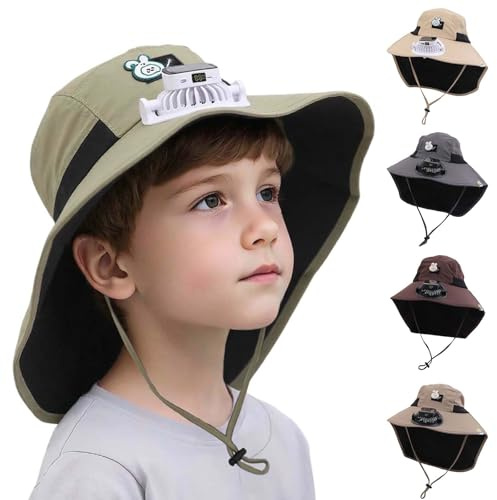 Solar Fan Hat for Kids Summer Cap with Built-in USB Charging Fan Wide Brim for Beach Trips Outdoor Garden Hats with UPF 50+ Fleece Scarf, B coffee, 4