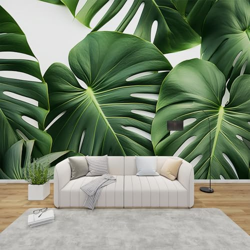 QEODAH Fototapete Monstera Schlafzimmer, 3D Tapete Tropische Blätter, Vliestapete Weiß Grün, Tapeten Wohnzimmer, Dschungel Grüne Blatt Wand Deko Kinderzimmer, Wandtapete, Mustertapete Vlies 300x210 cm