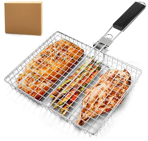 BOSREROY Grillzange mit klappbarem Griff und Grillrost für Outdoor-Aktivitäten, ideal zum Kochen von Fisch, Fleisch und Mais, verstellbar und Edelstahl-Design für Foodi