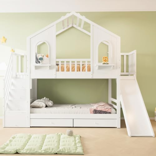 Etagenbett Kinderbett 90x200, Hausbett Hochbett mit Rutsche&Aufbewahrungsleiter&2 Schubladen&Fenstern&Dach, Stockbett Doppelbett Holzbett mit Lattenrost&Rausfallschutz, Kiefer, Ohne Matratze, Weiß