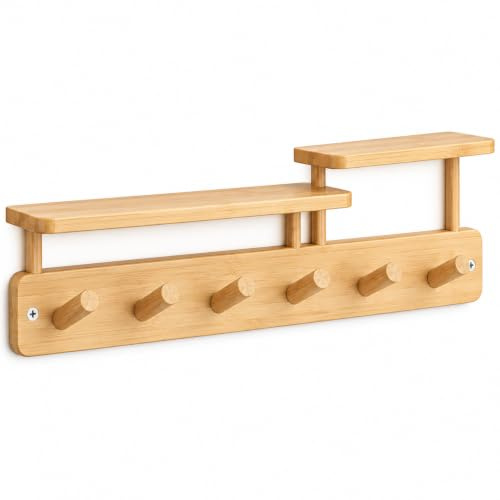 LOSTTYPE Wandgarderobe aus Bambus mit Ablage, 6 Haken, 59 cm, Natur | 6 Haken und obere Ablage für Jacken, Taschen, Schlüssel und Deko – ideal für Flur, Diele und Schlafzimmer