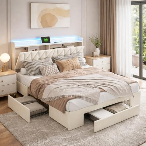 Hoscullo Polsterbett Schubladenbett 140x200 cm, Jugendbett mit Stauraum, Bequem Doppelbett, Bett mit LED, Bettgestell mit Lattenrost, Funktionsbett, Stauraumbett, Beige, Samt