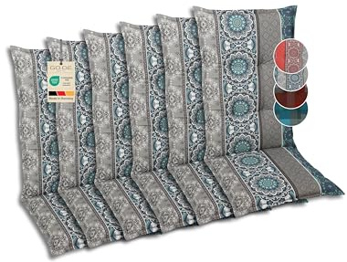 GO-DE Textil Bequeme und attraktive Polsterauflagen für Mittellehner-Gartenstühle (6er-Set, Ornamentstreifen blau, Mittellehner)
