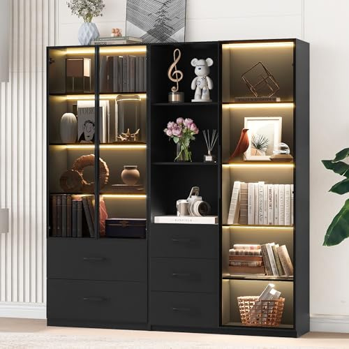 BTM Combo Bücherschrank mit Glastüren & Glasvitrine mit LED Beleuchtung und Offenen Fächern, Wohnzimmer Vitrine Stehend, Schwarz
