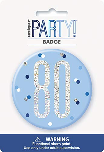 80. Geburtstags-Anstecker - 7,5 cm - Glitzer Blau & Silber Geburtstag