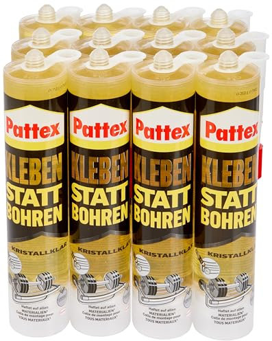Pattex Kleben statt Bohren Kristallklar, Montagekleber für kristallklare Verklebungen, Baukleber für alle Materialien, Universalkleber für innen & außen, 12x290g