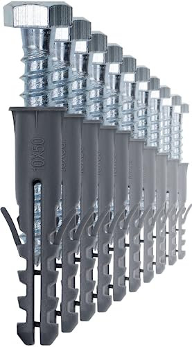 1STec 10 x M10 x 50 mm Strong Galvanised Satellite Anchor Nylon Mungo Wall Plug + Heavy Duty Coach Screw with 13mm HEX Bolt Head for Fixing Aerial Mast Sky Dishes TV Mount Brackets Shelving Racking