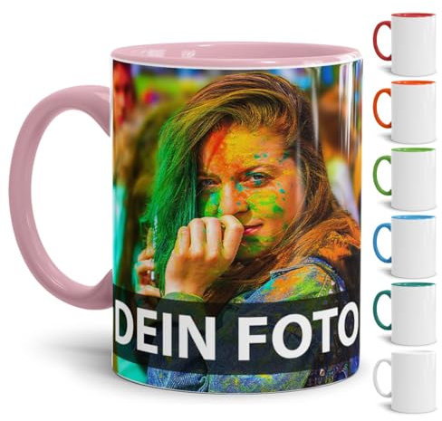 Tasse selbst individuell gestalten/Personalisierbar mit eigenem Foto Bedrucken/Fototasse/Motivtasse/Werbetasse/Firmentasse mit Logo/Innen & Henkel Rosa - XXL Druck