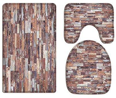 A.Monamour Badezimmer Badematte 3 Teilig Set Bunte Grunge Ziegelmauer Verblendmauerwerk Marmor Stein Textur Kunst Hintergründe Flanell Saugfähig Badteppiche Badvorleger Badgarnitur WC Vorleger