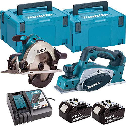 Makita T4T1180TJ 18V DKP180Z Planer & DSS611Z Circular Saw Twin Kit with 2 x 5.0Ah Batteries & Charger in Case