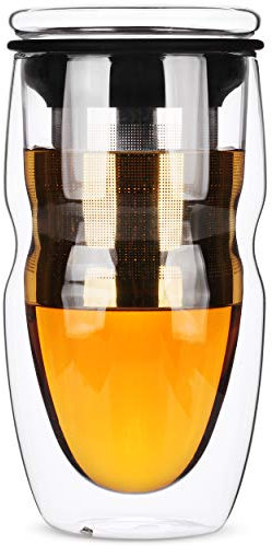 BTAT Taza de té de vidrio de doble pared con infusor de acero inoxidable, vidrio de 500 ml, taza de té con tapa, taza de infusor de té, taza de té con filtro, taza de té con infusor, regalos de té