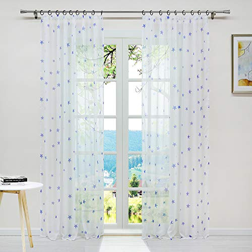 ESLIR Gardinen mit Kräuselband Gardinenschal Transparent Wohnzimmer Vorhänge mit Sterne Muster Modern Voile Blau BxH 140x175cm 1 Stück