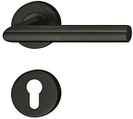 Gedotec Drückergarnitur Innentüren Türbeschlag Edelstahl PVD schwarz matt - Startec LDH 2171 | Türgriff Zimmertür auf Rund-Rosette | PZ - Zylinder | 1 Set - Rosetten-Garnitur L-Form mit Schrauben