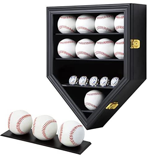 Grintus Baseball-Vitrine aus Holz, Baseball-Halter für Bälle, Wandhalterung, Baseball-Schattenbox mit abschließbarer Glastür für Autogrammbälle, Sammlung, Aufbewahrung, Schwarz