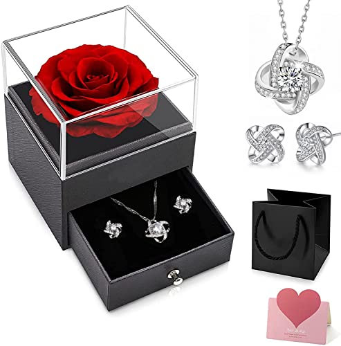 Preserved Real Rose presents for Her,Handmade Eternal Real Rose Flower presents Box with Necklaces and Earrings,Romantic presents for Women,Mum on Birthday