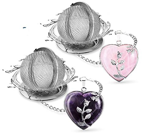 NSTaygate 2pcs Tea Infuser Tea Strainers for Loose Tea Amethyst & Rose Quartz Crystal Heart Pendant Infinity Love Heart Couple Handmade Gemstone Tea Ball Set Gifts for Women Gifts for Mom