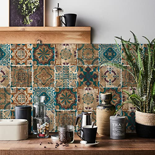 Moroccan Tile Stickers for Kitchen 20 pcs Bathroom Tile Stickers Self | Adhesive Wall Tiles Stick On Wall Waterproof Oil-Proof Vintage Mosaic Art (15cm x 15cm, 6x6 inches) for Stairs (Brown)