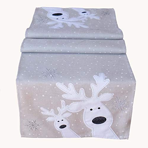 texpot Tischläufer 40 x 85 cm hellgrau weiß Silber, lustiger Elch, Rentier, Tischdecke, Weihnachten Weihnachtsdeko Weihnachtstischdecke