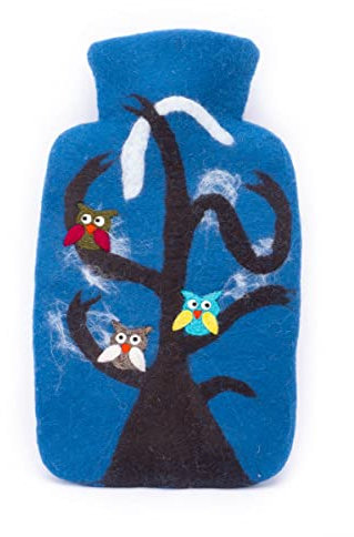 feelz - Wärmflasche Eule, süße Bettflasche mit 3 kleinen Käuzchen aus 100% Wolle (Merino), rot oder blau, Handarbeit, Fairtrade (Blau - Bezug mit Flasche)
