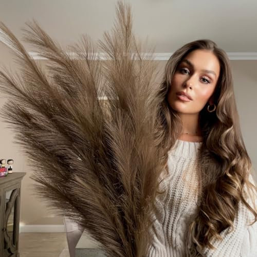 VOULUX Extra Large Tall Dark Brown Fake Faux Artificial Pampas Grass Large Fluffy x3 115cm Stems x18 Decorative Artificial Flora Feathers For Floor Vases Tall Plant Flowers Long Pampas Grass