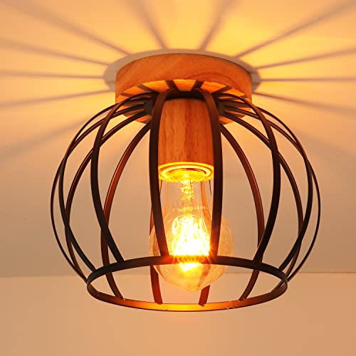 E27 Deckenleuchte Industrial Vintage Metall Sphärische Hängeleuchte Schwarz Lampenschirm Loft Retro Pendelleuchte LED Design Industrial Style (Mit Holz-1pack)