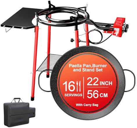 GRILL FORCE 22 Inch Paella Burner and Stand Set,Paella Pan Set,22 Inch Paella Pan,Paella Burner,Paella Pan and Burner Set,Paellera,Paella Kit with Carry Bag,Built-In Ignitor Regulator Hose,16 Servings