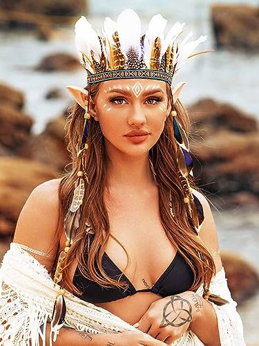 Zoestar Feder Krone Stirnband Indianer Federn Kopfschmuck Tribal Kopfschmuck Karneval Kostüm Haarschmuck für Frauen und Mädchen