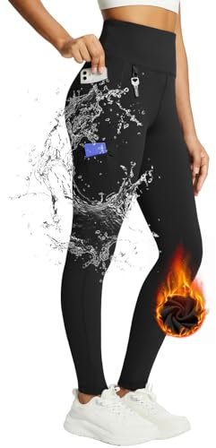 baleaf Damen Fleece gefütterte Leggings Wasserabweisend Hohe Taille Wanderleggings Thermo Leggings Fahrradhose Laufhose mit Reißverschlusstaschen Schwarz M