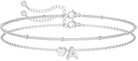 LAXPICOL Initial Letter Bracelet For Women, Silver Adjustable Double-Layer Bracelet Gifts For Women/Teen Girls(Initial A)
