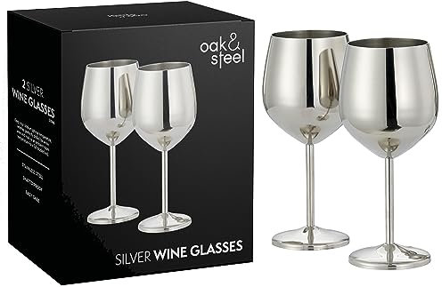 Oak & Steel 2 Silver Wine Glasses (520ml) - Stainless Steel Wine Glasses, Unbreakable Metal Drinking Glasses with Gift Box