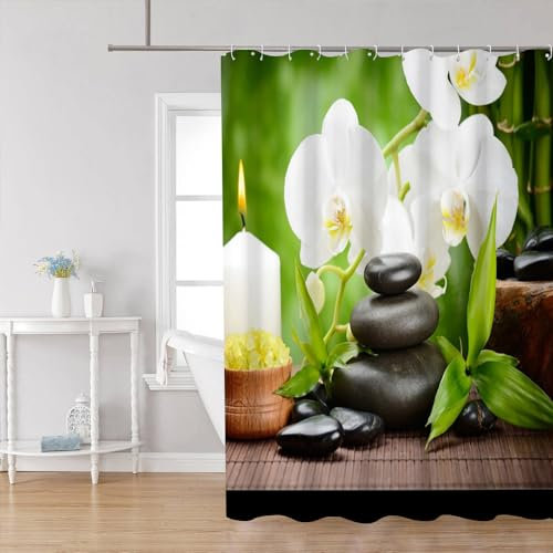 Uiiooazy Rideau Douche Bambou, Rideau de Douche Anti Moisissure 180x180cm Feuilles Vert Pierre Spa Orchidée Blanc Rideaux de Baignoire Tissu Lavable Imperméable Rideaux Salle de Bain avec 12 Crochets