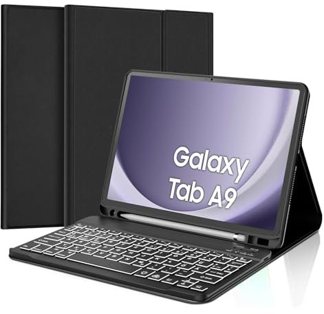JADEMALL Custodia Tastiera per Samsung Tab A9 8.7 2023, Italiana QWERTY Tastiera Retroilluminata Bluetooth Custodia con Portapenne per Samsung Galaxy Tab A9 8.7 Pollici, Nero