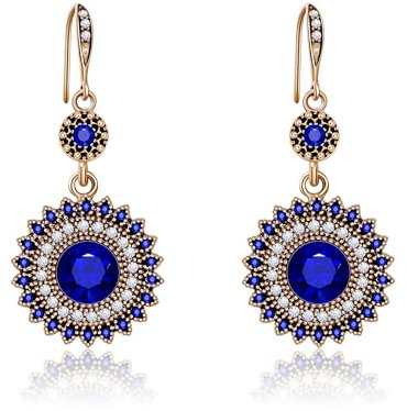 AILUOR Vintage Runde blaue Saphir Sonnenblumen baumeln Ohrringe, Frauen einzigartige Retro bunte ethnische böhmische Ohrringe Schmuck für Frauen (Gold-Blau)