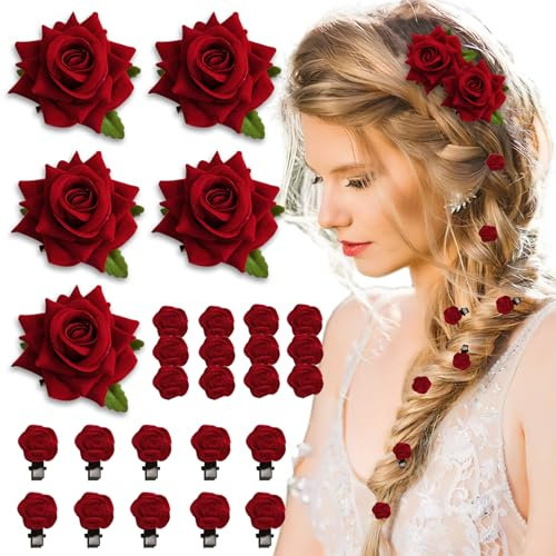 BASEMMAHER Lot de 19 mini barrettes à cheveux en forme de rose rouge pour femmes et filles - Accessoires à cheveux vintage pour mariage, Saint-Valentin, fête d'anniversaire