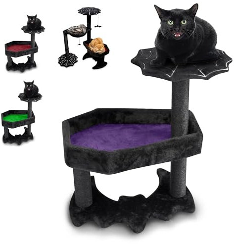 Gothic Cat Tree with Coffin Cat Bed, Gothic Cat Tower, Coffin cat Tree with Sisal Scratching Posts for Halloween cat, Small Size, Black with Purple Littlesy