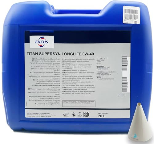 20 L Fuchs Titan Supersyn Longlife 0W-40 | kompatibel mit MB 229.5 | VW 502 00/505 00 |Motorenöl | Motoröl | Ölwechsel | Öl | SAE 0W30 | mit Trichter