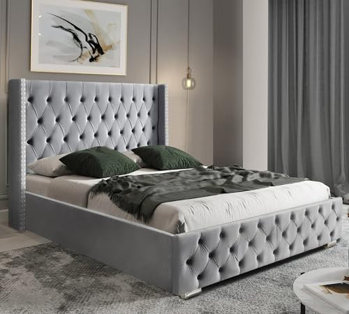 Ottoman Storage Bed, Velvet Double Bed Frame, Upholstered Gas Lift Up Bed Frame with Storage, Ottoman Bed with Wooden Slats, (4ft6 Grey Double 135 x 190, No Mattress)